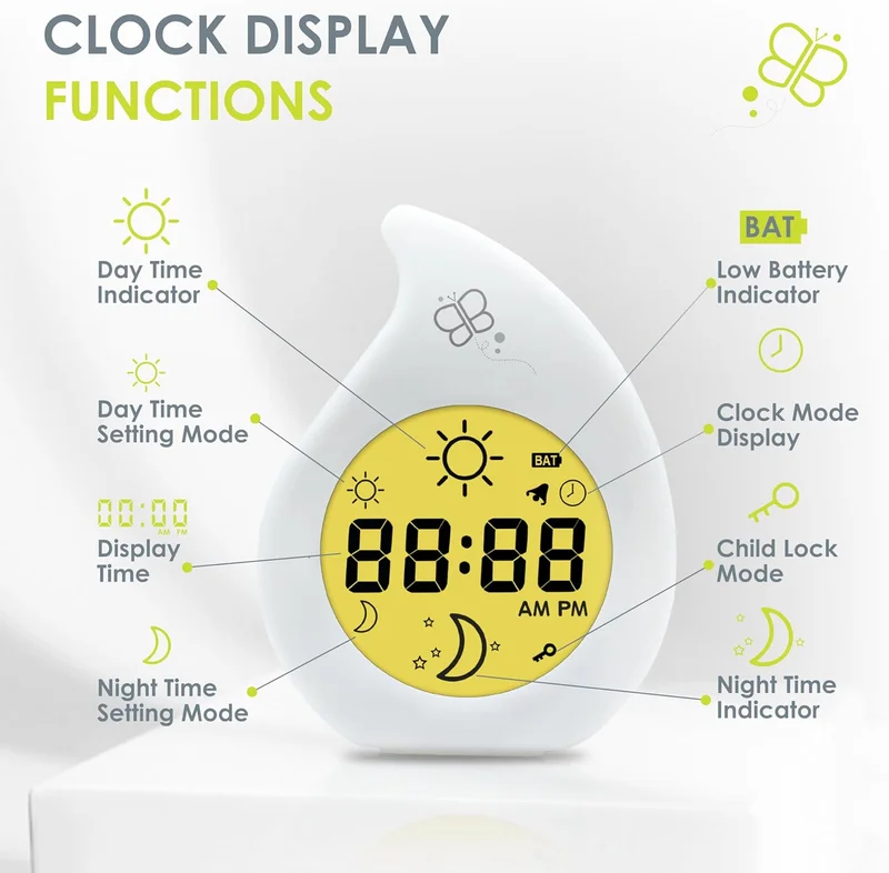 بيبي لاف Klöck Kids Alarm Clock – Travel Digital Sleep Training for Bedrooms, Adjustable Night and Sunrise Wake Up Light, Large Interface for Toddlers Learning Time – 7 Levels of Brightness